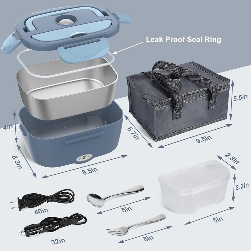 Vabaso Electric Lunch Box Food Heater, Electric Heating Lunch Boxes Lunch for Adults/Men/Truck/Car/Work, 80W 1.5L Removable 304 Stainless Steel Container, 110V/12V/24V, with Fork & Spoon - Image 5